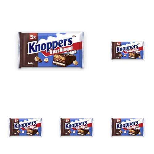 Knoppers NussRiegel Dark – 1 x 200g (5 Riegel) – Waffelriegel mit Milch- und Nugatcreme mit Gebäckstückchen, gehackten Haselnüssen und zartem Karamell, umhüllt von dunkler Milchschokolade von Knoppers