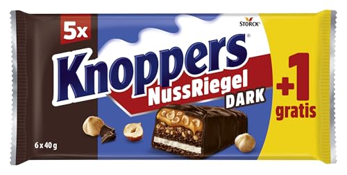 Knoppers NussRiegel Dark – 1 x 240g (6 Riegel) – Schokoriegel mit Milch- und Nugatcreme, Haselnüssen, Karamell und Vollmilchschokolade von Knoppers