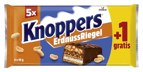 Knoppers ErdnussRiegel – 1 x 240g (6 Riegel) – Waffelriegel mit Milchcreme, Erdnusscreme, gesalzenen, gehackten Erdnüssen und zartem Karamell, umhüllt von Vollmilchschokolade von Knoppers