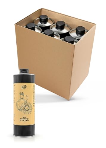 KoRo - Bio Sonnenblumenöl nativ 6 x 1 Liter - Aus 100% Sonnenblumenkernen - Ideal zum Verfeinern von kalten Speisen und zum Backen - Leicht-nussiger Geschmack von KoRo