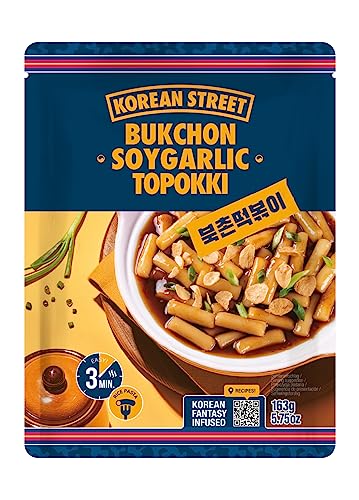 [Korean street] Bukchon Soy Knoblauch Tteokbokki Reiskuchen (1 PACK)- Quick & Easy Korean Snacks- Savory & Sweet Soße Topokki für koreanische Lebensmittelliebhaber (1 PACK, Soy&Garlic Topokki) von Korean Street