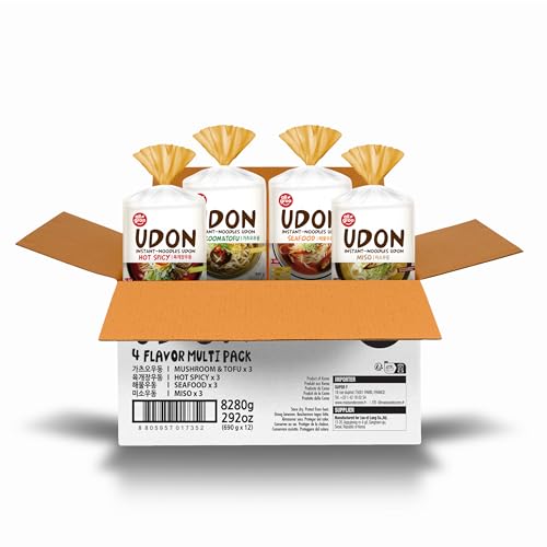 [Korean Street]Koreanische Instant Udon Nudeln - Variety Pack - Sortimentspackung, frische Udon-Nudelpackung- würzig, Pilz, Meeresfrüchte, Miso (4 Flavor, 12 PACK) von Korean Street
