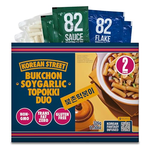 [Korean street] Bukchon Soy Knoblauch Tteokbokki Reiskuchen (2 PACK)- Quick & Easy Korean Snacks- Savory & Sweet Soße Topokki für koreanische Lebensmittelliebhaber von Korean Street