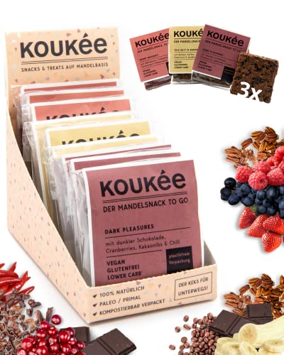 Koukée - der Mandelsnack To Go, Mixed Box mit drei Sorten, glutenfrei, lower carb* und vegan, Cookie-ähnlicher Snack/Riegel/Keks zum Kaffee oder für unterwegs, kompostierbar verpackt (9x 35g) von Koukée