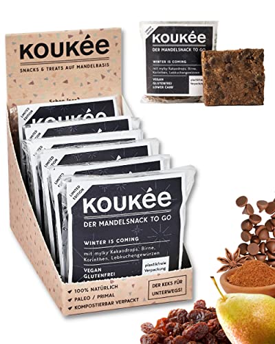 Koukée saftigster Mandelsnack WINTER IS COMING / glutenfrei, lower carb* und vegan, Cookie-ähnlicher Snack/Riegel/Keks zum Kaffee oder für unterwegs, kompostierbar verpackt (9x 35g) von Koukée