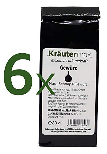 Kräutermax Nuss Schnaps Gewürz | Nussschnaps zum Ansetzen | Schnaps selber machen mit Nussschnaps Gewürz | Nussschnaps Ansatz für 2 Liter Nussschnaps pro Päckchen | Ansatzmischung 6 x 60 g von Kräutermax.