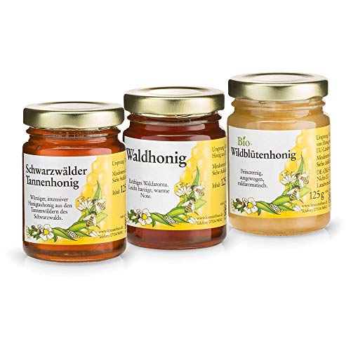 Sanct Bernhard Honig Probierset mit Waldhonig, Bio-Wildblütenhonig, Schwarzwälder Tannenhonig, naturbelassene Honigspezialitäten - 3 Gläser à 125 g von Kräuterhaus Sanct Bernhard