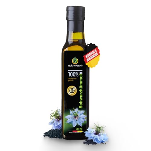 Kräuterland Schwarzkümmelöl 250ml, gefiltert, ohne Zusatz von Aromen- Farb- & Konservierungsstoffe, kaltgepresst, 100% Nigella Sativa, vegan, Thymochinon, mühlenfrisch aus unsrer hessischen Ölmühle von KRÄUTERLAND N A T U R - Ö L M Ü H L E