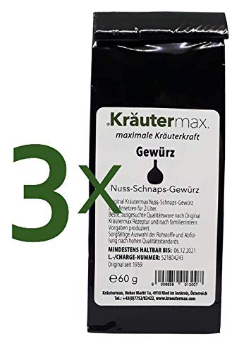 Kräutermax Nuss Schnaps Gewürz | Nussschnaps zum Ansetzen | Schnaps selber machen mit Nussschnaps Gewürz | Nussschnaps Ansatz für 2 Liter Nussschnaps pro Päckchen | Ansatzmischung 3 x 60 g von Kräutermax.