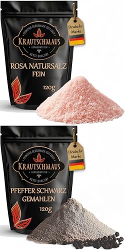 120g Salz und 120g Pfeffer für den Streuer von Krautschmaus, rosa Natursalz fein, bekannt als Himalaya Salz, Kristallsalz aus Salt Range Pakistan, schwarzer pfeffer gemahlen, je 120g von Krautschmaus JSD