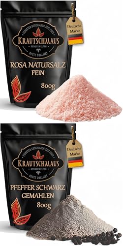 800g Salz und 800g Pfeffer für den Streuer von Krautschmaus, rosa Natursalz fein, bekannt als Himalaya Salz, Kristallsalz aus Salt Range Pakistan, schwarzer pfeffer gemahlen, je 800g von Krautschmaus JSD