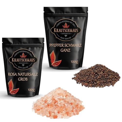 Salz und Pfeffer für die Mühle von Krautschmaus je 120g, rosa Natursalz grob, bekannt als Himalaya Salz, Kristallsalz aus Salt Range Pakistan, schwarze Pfefferkörner von Krautschmaus JSD