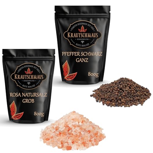 Salz und Pfeffer für die Mühle von Krautschmaus je 800g, rosa Natursalz grob, bekannt als Himalaya Salz, Kristallsalz aus Salt Range Pakistan, schwarze Pfefferkörner von Krautschmaus JSD