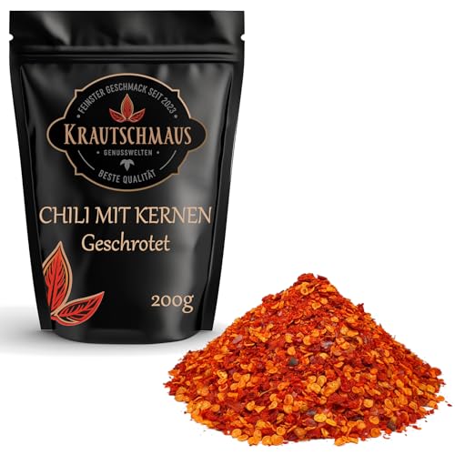 200g Chili Flocken geschrotet mit Kernen von Krautschmaus, Chiliflocken scharf, ohne Zusatzstoffe, Chilli Gewürz, geschrotete Chilischoten, Chilliflocken, Premium Chiligewürz scharf, Chili gehackt von Krautschmaus