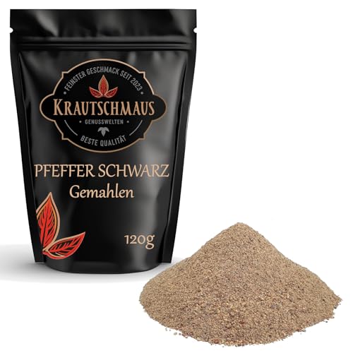 120g Pfeffer schwarz gemahlen von Krautschmaus, gemahlener schwarzer Pfeffer, Gewürzpfeffer, Pfefferpulver ohne Zusatzstoffe von Krautschmaus