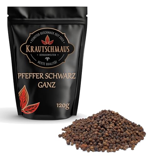 120g Pfeffer schwarz ganz von Krautschmaus, ganze Pfefferkörner für Pfeffermühle, Pfeffer schwarz grob, ohne Zusatzstoffe von Krautschmaus