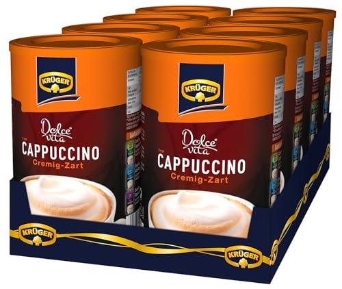 KRÜGER Dolce Vita Cappuccino Cremig-Zart, Getränkepulver mit löslichem Bohnenkaffee, Cappuccino zum anrühren, 8x 200 g Dose von Krüger