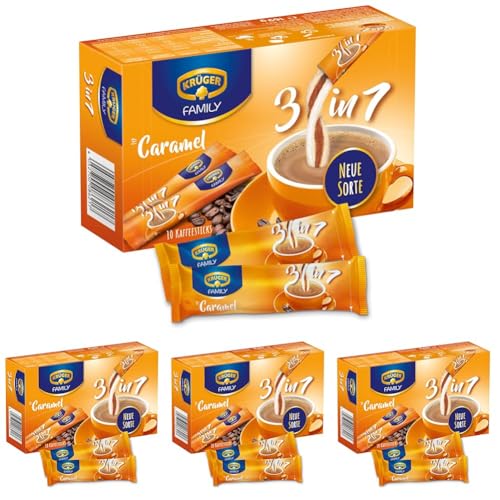 KRÜGER Family 3 in 1 Caramel, Instant Kaffee Sticks mit löslichem Kaffee, Kaffeeweißer, Zucker & Karamell-Aroma, 10 Sticks (16,9g) (Packung mit 4) von Krüger