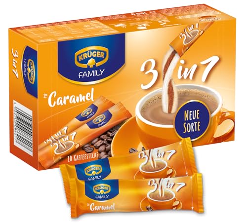 KRÜGER Family 3 in 1 Caramel, Instant Kaffee Sticks mit löslichem Kaffee, Kaffeeweißer, Zucker & Karamell-Aroma, 10 Sticks (16,9g) von Krüger