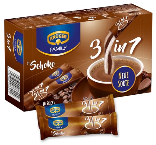 KRÜGER Family 3 in 1 Schoko, Instant Kaffee Sticks mit löslichem Kaffee, Kaffeeweißer, Zucker & Schokoladen-Aroma, 10 Sticks (18g) von Krüger