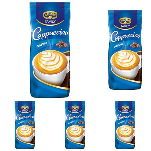 KRÜGER Family Cappuccino Classico, aromatisiertes Getränkepulver mit löslichem Bohnenkaffee, koffeinhaltig, 500 g Beutel (Packung mit 5) von Krüger