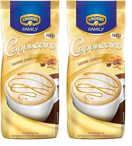 KRÜGER Family Cappuccino Sahne Caramel, aromatisiertes Getränkepulver mit löslichem Bohnenkaffee, koffeinhaltig, 500 g Beutel (Packung mit 2) von Krüger