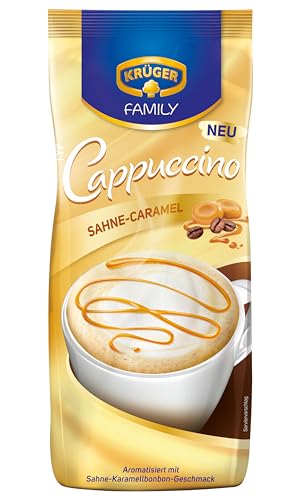 KRÜGER Family Cappuccino Sahne Caramel, aromatisiertes Getränkepulver mit löslichem Bohnenkaffee, koffeinhaltig, 500 g Beutel von Krüger