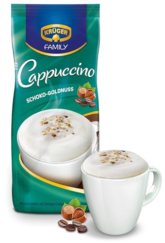 KRÜGER Family Cappuccino Schoko-Goldnuss, aromatisiertes Getränkepulver mit löslichem Bohnenkaffee, koffeinhaltig, 500 g Beutel von Krüger