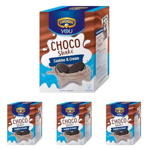 KRÜGER YOU Choco Shake Cookies & Cream, Schokoladiger Genuss in heiß & kalt, Schoko-Milchshake mit Cookies & Cream-Geschmack und echten Keksstücken, 144 g (8 x 18 g Sachets) (Packung mit 4) von Krüger