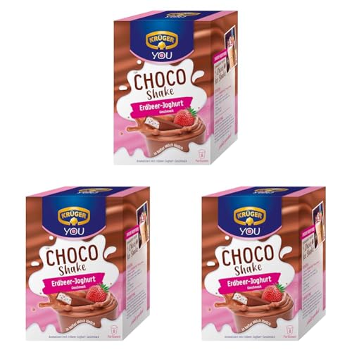 KRÜGER YOU Choco Shake Erdbeer-Joghurt, Schokoladiger Genuss in heiß & kalt, Schoko-Milchshake mit Erdbeer-Aroma, 144 g (8 x 18 g Sachets) (Packung mit 3) von Krüger