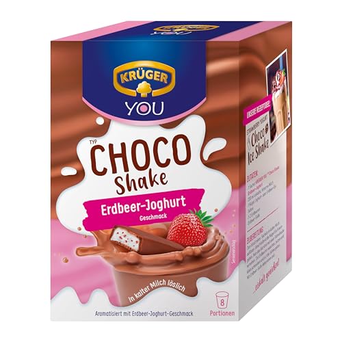 KRÜGER YOU Choco Shake Erdbeer-Joghurt, Schokoladiger Genuss in heiß & kalt, Schoko-Milchshake mit Erdbeer-Aroma, 144 g (8 x 18 g Sachets) von Krüger