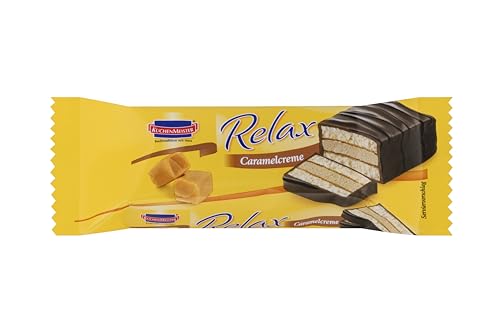 KuchenMeister Relax Caramelcreme Kuchen Riegel 32g | Luftiger Bisquitteig | Zarte Karamellcremefüllung | Knackige Vollmilchschokolade | Perfekter Snack Zwischendurch | 1 x 32g Riegel von Kuchen Meister