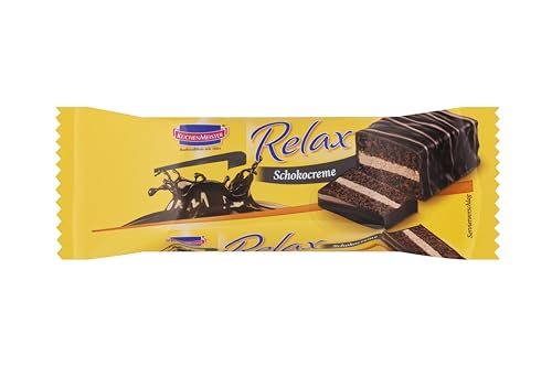 KuchenMeister Relax Kakao Kuchen Riegel 32g | Schokoladiger Bisquitteig | Zarte Kakaocremefüllung | Knackige Zartbitterschokolade | Perfekter Snack Zwischendurch | 1 x 32g Riegel von Kuchen Meister