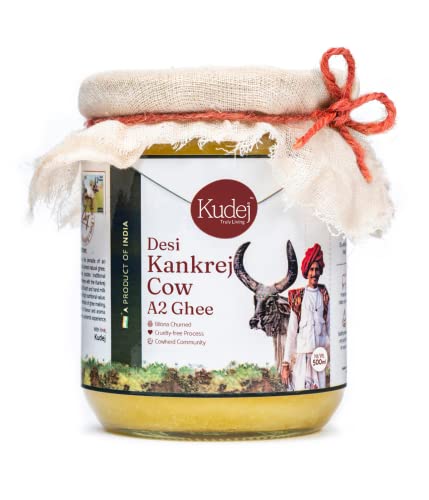 Kudej Desi Kankrej Kuh Pure A2 Ghee – 100% Bilona Churned Premium Cultured Ghee, hergestellt mit alten vedischen Prozessen, 500 ml Glasflasche mit nachhaltiger Verpackung von Kudej