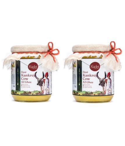 Kudej || Desi Kankrej Kuh Pure A2 Ghee – 100% Bilona Churned Premium Cultured Ghee, hergestellt mit alten vedischen Verfahren, 1 Liter (2 x 500 ml) Glasflasche mit nachhaltiger Verpackung von Kudej