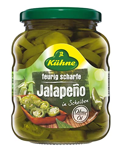 Kühne feurig scharfe Jalapeno in Scheiben, 370ml, Abtropfgewicht 165g von Kühne