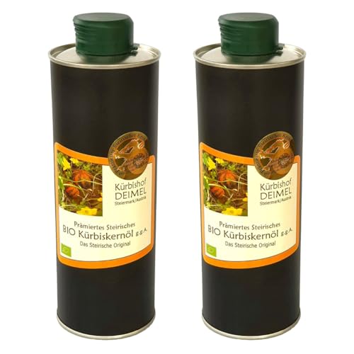 Kürbishof DEIMEL Steiermark/Austria - Sparangebot 2 x 500 ml Dose Original Steirisches BIO Kürbiskernöl - Jährlich prämiert von Kürbishof DEIMEL