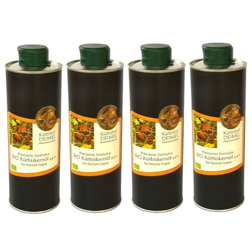 Kürbishof DEIMEL Steiermark/Austria - Sparangebot 4 x 500 ml Dose Original Steirisches BIO Kürbiskernöl - Jährlich prämiert von Kürbishof DEIMEL