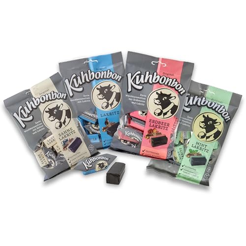 Kuhbonbon Lakritz Bundle - Süßigkeiten Großpackung mit Erdbeere (200g), Original (200g), Mint (200g) und Sahne (200g) Karamell Bonbons - Die originale Sweets für jeden Tag von Kuhbonbon