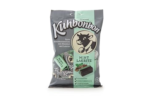 Kuhbonbon Mint-Lakritz 200g – weiche Karamellbonbons aus süßem Karamell, zartschmelzende Toffee-Bonbons aus guter Butter, Milch, Menthol und Lakritz, glutenfrei, 200 gr von Kuhbonbon