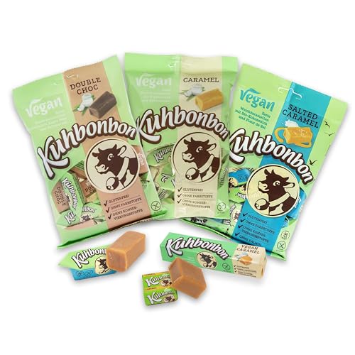 Kuhbonbon Vegan Bundle - Vegane Snacks - Süßigkeiten Großpackung mit Double Choc (165g), Salted Caramel (165g), Vegan Classic (165g) & Karamell Stange (72g) - Die originale vegane Toffee für jeden Tag von Kuhbonbon