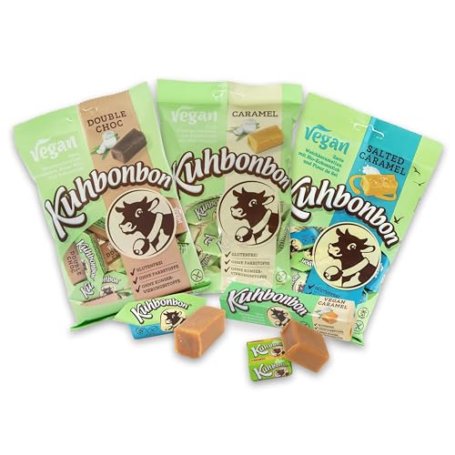 Kuhbonbon Vegan Bundle - Vegane Süßigkeiten Großpackung mit Double Choc (165g), Salted Caramel (165g), Vegan Classic (165g) & Karamell Stange (72g) - Die originale Sweets für jeden Tag von Kuhbonbon