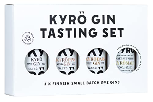 Kyrö Gin Tasting Set 43,8% vol. | 100% finnischer Vollkornroggen | 4 x 0,05 Liter | Gin – Pink Gin – Dark Gin - Malt Whisky | Mini-Set | Kyrö Distillery von Kyrö