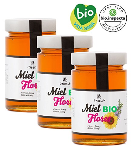 BIO Blütenhonig aus Spanien - Premium Qualität - reines Naturprodukt - kaltgeschleudert- unfiltriert- süßer Geschmack aus dem Blumennektar - 3 x 900 g, Größe:900 g, Geschmack:Blüte von L'Abella