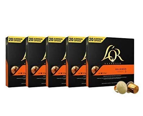 L'OR Espresso Kaffee Delizioso Intensität 5 - Nespresso®* kompatible Kaffeekapseln aus Aluminium - 5 Packungen mit 20 Kapseln (100 Getränke) von L'OR