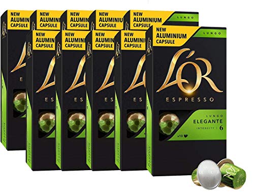 L’OR Espresso Kaffee Lungo Eleganta Intensität 6 – Nespresso®* kompatible Kaffeekapseln aus Aluminium - 10 Packungen mit 10 Kapseln (100 Getränke) von L'OR