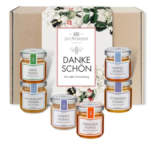 L.W.C. Michelsen - 6er Honigset - DANKESCHÖN (6 x 50g) | natürlich, ohne Zusätze | Geschenkset mit sechs außergewöhnlichen Honigsorten | Honig in Probiergröße | Probierset von L.W.C. Michelsen