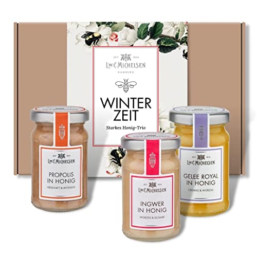 L.W.C. Michelsen Honig Feinkost-Geschenk "WINTER ZEIT" | Geschenkset mit drei außergewöhnlichen Honig-Kompositionen | für Honig-Liebhaber | Gelee Royal in Honig (125g), Ingwer- & Propolis in Honig (125g) von L.W.C. Michelsen