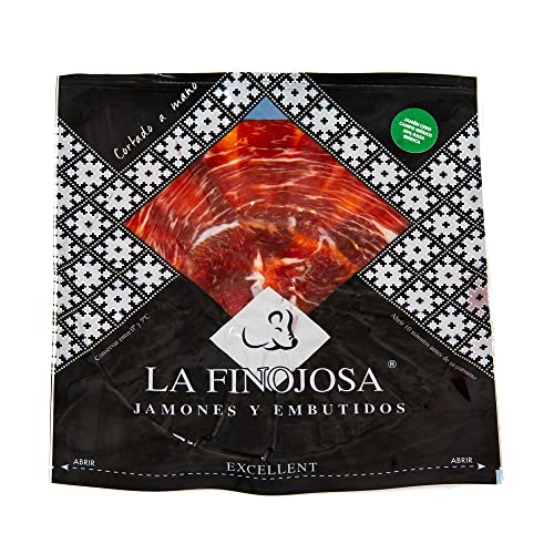 La Finojosa - Schinken aus Weidemast Iberico, 50% Iberische Rasse - 2 Teller mit je 100 g - Messerschnitt - Mindestens 30 Monate Reifezeit - Schinkenkeule - Intensives und Angenehmes Aroma von LA FINOJOSA "MANJARES DE PURA RAZA"