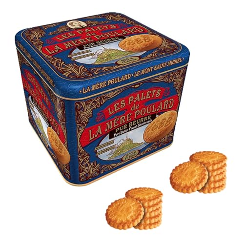 La Mère Poulard® | Reine gesalzene Butterkekse | Dose französische Butterkekse | Butter-Shortbread - 500 Gr | Geschenkdose Blaue Dekorationen mit Keksen von LA MERE POULARD